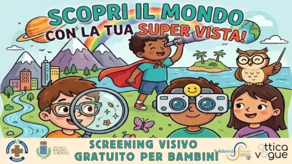 promozionale screening visivo bambini: cartoni di bambini che guardano il mondo in modi diversi