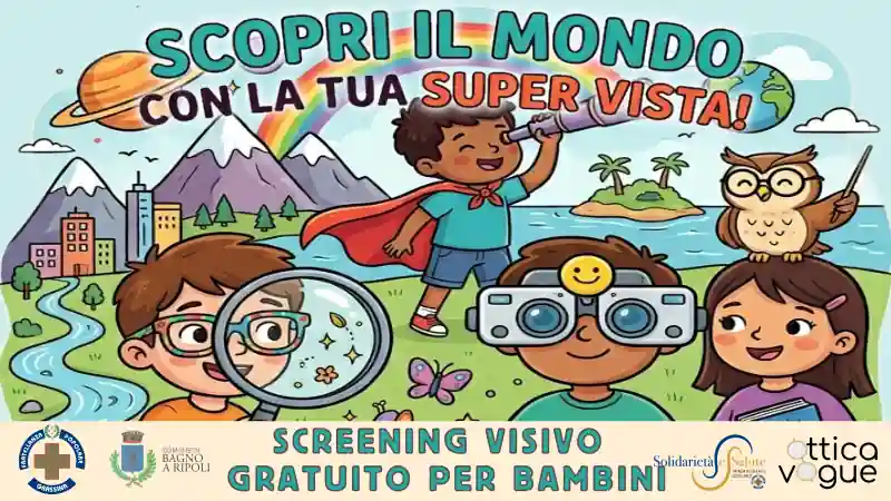 promozionale screening visivo bambini: cartoni di bambini che guardano il mondo in modi diversi