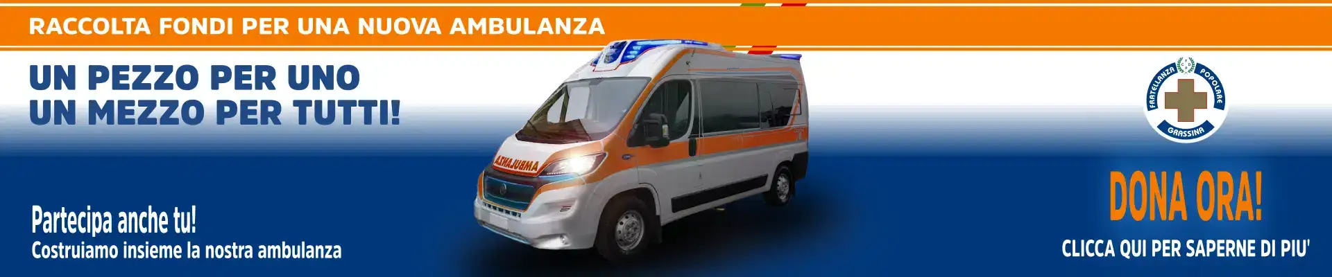 Promozionale raccolta fondi per una nuova ambulanza. Ambulanza senza insegne con call to action: dona ora!