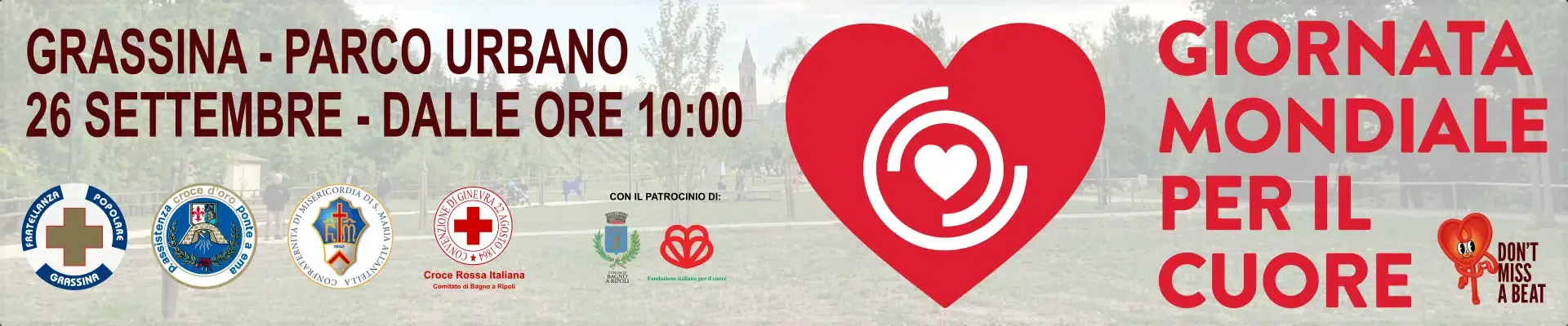 GIORNATA MANDIALE DEL CUORE Banner poromozionale giornata mondiale del cuore, loghi delle associazioni che partecipano e un cuore rosso simbolo della campagna mondiale