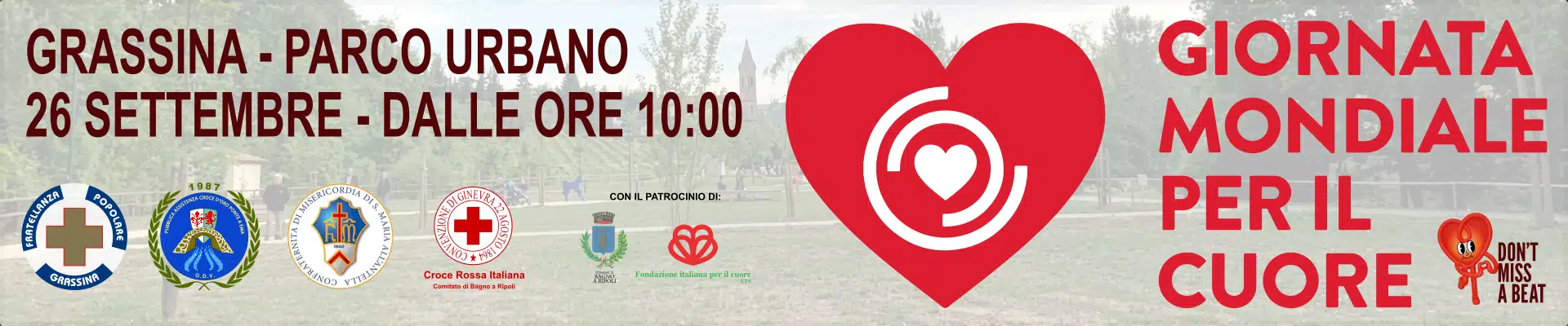 GIORNATA MANDIALE DEL CUORE Banner poromozionale giornata mondiale del cuore, loghi delle associazioni che partecipano e un cuore rosso simbolo della campagna mondiale
