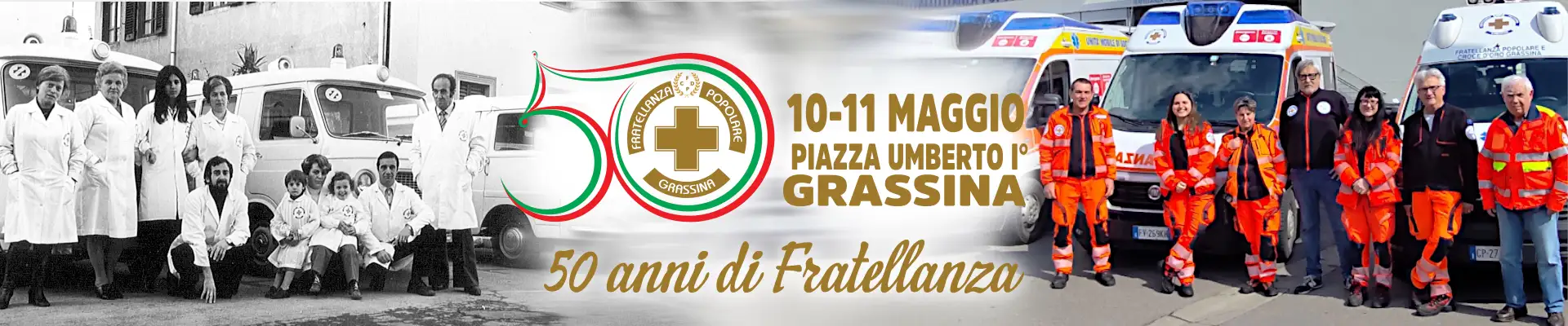 Promozionale per "Fratellanza 50" foto di vecchi volontari affiancta a quelli di oggi divisi da logo commemorativo