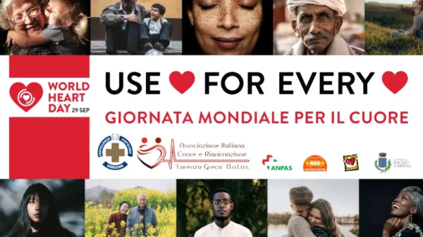 World Heart Day, grafica promozionale, volti di persone e loghi associazioni