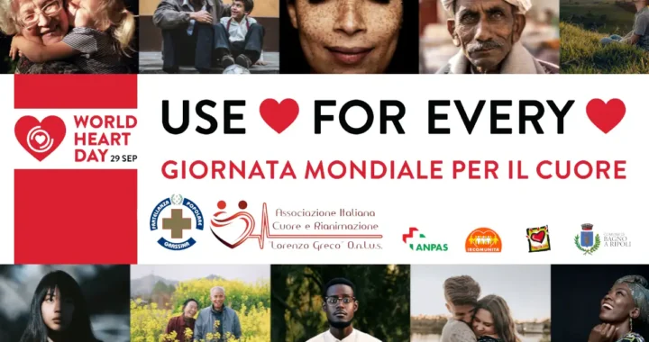 World Heart Day, grafica promozionale, volti di persone e loghi associazioni