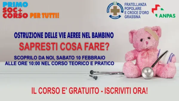 Grafica promo del corso di disostruzione pediatrica: pelouche di un orsetto rosa con stetoscopio e cerotto