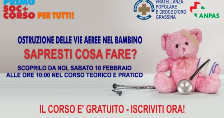 Grafica promo del corso di disostruzione pediatrica: pelouche di un orsetto rosa con stetoscopio e cerotto
