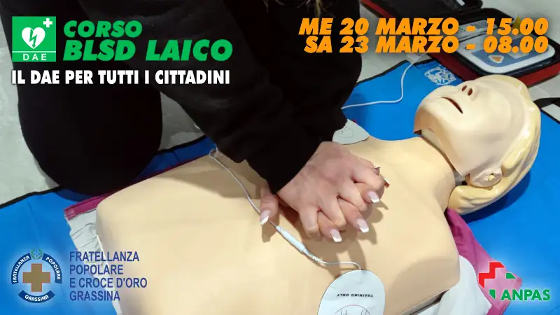 Promo DAE laico 2024, mani che effettuano il massaggio cardiaco su un manichino