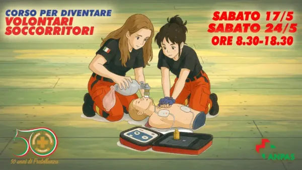 Promo corso livello base, due Volontari disegnati in stile Ghibli effettuano un massaggio cardiaco