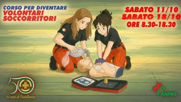 Promo corso livello base ottobre 2025, fumetto di due soccorritori impegnati in una RCP