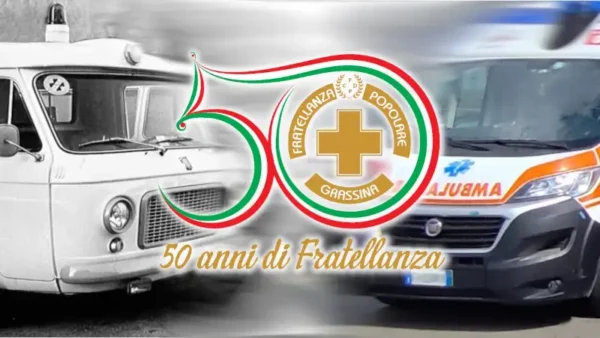 Grafica commemorativa dei 50 anni di Fratellanza Popolare di Grassina. Due ambulanze e un logo speciale