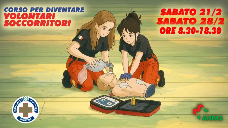 Promo corso livello base febbraio 2026, fumetto di due soccorritori impegnati in una RCP con DAE
