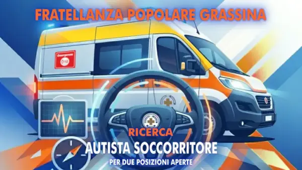 Grafica per ricerca autista soccorritore. Ambulanza stilizzata con sterzo in primo piano