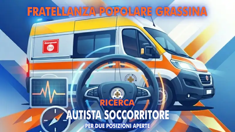 Grafica per ricerca autista soccorritore. Ambulanza stilizzata con sterzo in primo piano