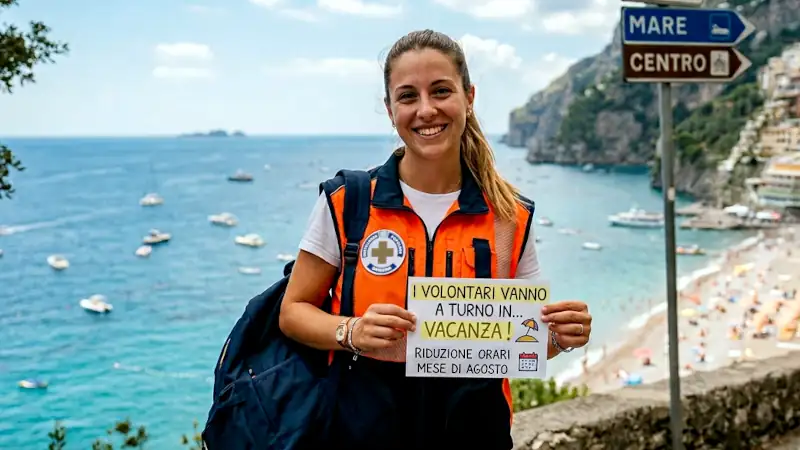 Volontaria Fratellanza Popolare di Grassina davanti al mare con un cartello che annuncia gli orari ridotti del mese di agosto - (AI generated image)