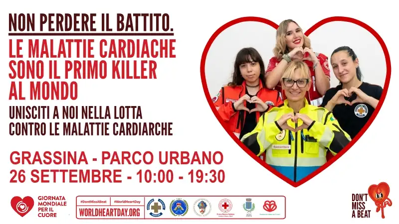 Giornata del cuore 2026. 4 volontari misericordia, anpas e e croce rossa all'interno di un cuore che fanno il simbolo del cuore con le mani