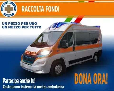 Promo raccolta fondi per nuova ambulanza. Ambulanza neutra su uno sfondo blu che sfuma al bianco.